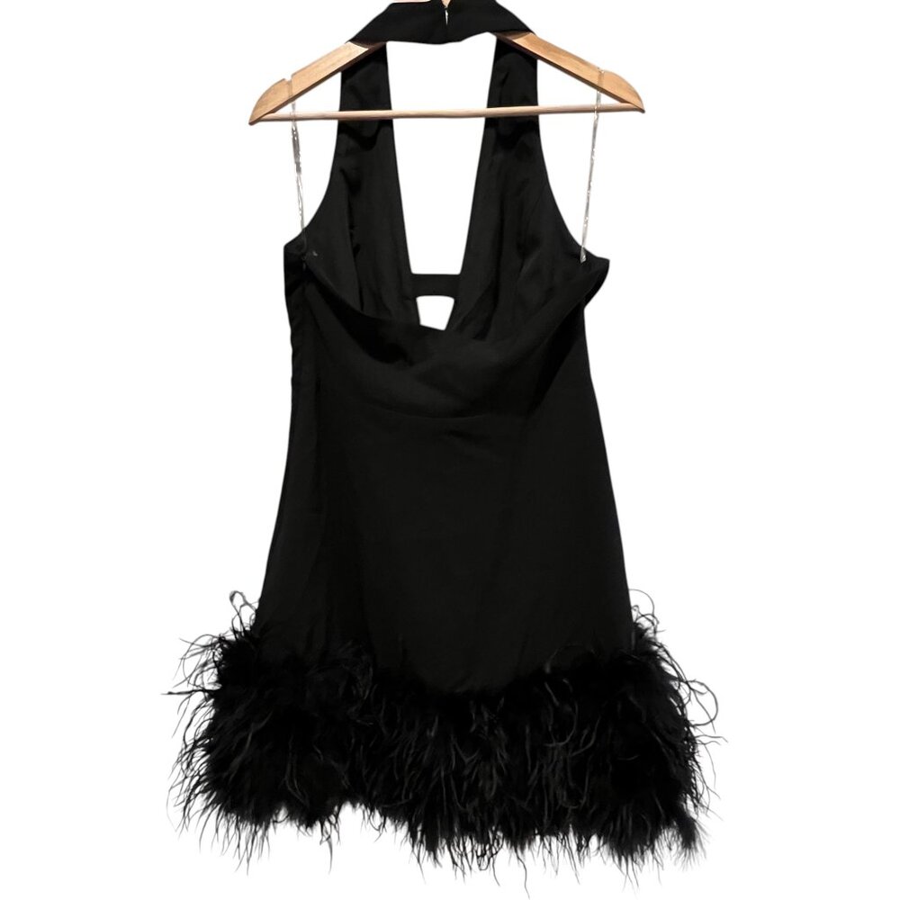 Akira Noel Halter Deep V Feather Trim Mini Dress, Black, XL - Picture 12 of 13